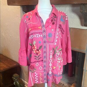 Johnny Was Pink LYONNE RUFFLE SLEEVE SHIRT, size M